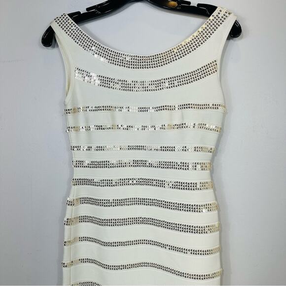 Herve Leger Fatima Gold Sequin Striped Bandage Dress White Alabaster Combo Small - Picture 6 of 16